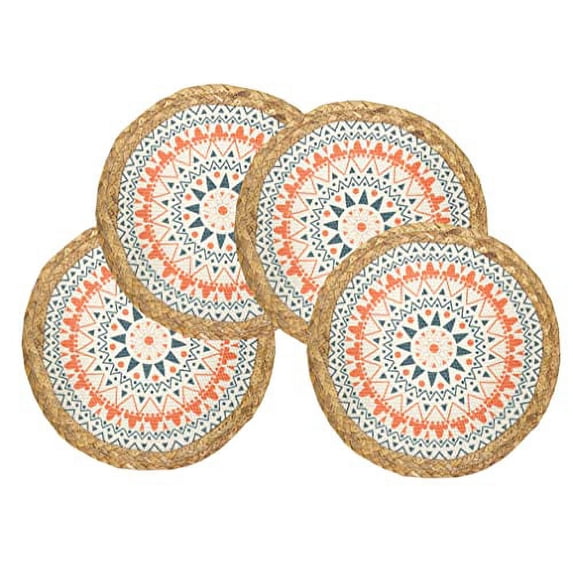 Fennco Styles Eclectic Mandala Water Hyacinth Edge Placemats 13" Round, Set of 4 - Multicolor Orange Floral Heat Resistant Insulation Table Mats for Home, Boho Décor, Dining Table, Banquets, Holidays