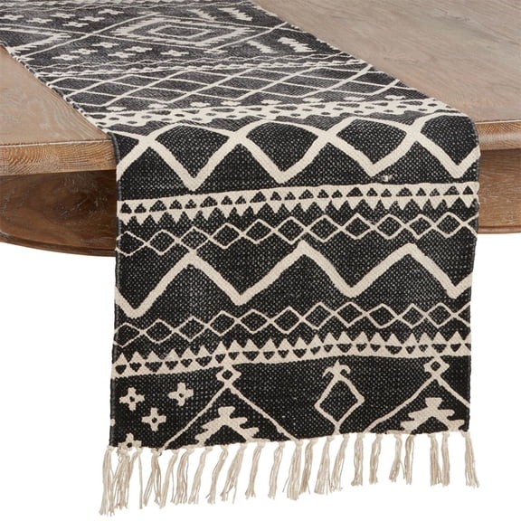 Fennco Styles Eclectic Mud Cloth Pattern Design 100% Cotton Table Runner 16 x 72 Inch - Black