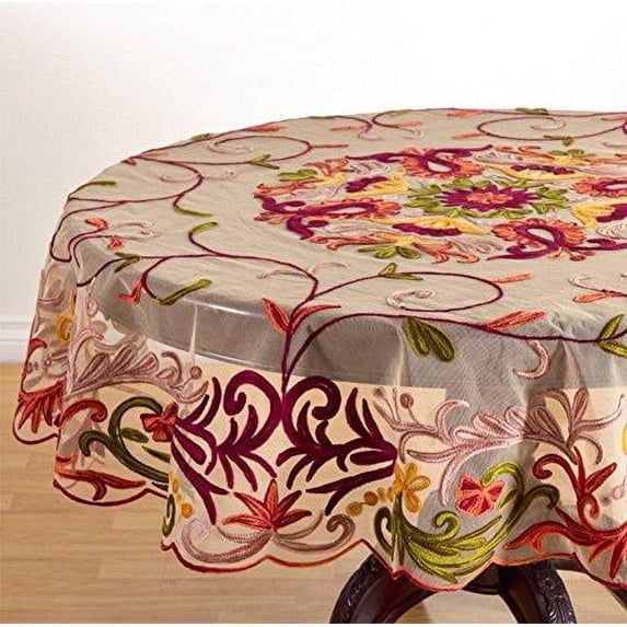 Fennco Styles Elegant Embroidered Floral Woven Tablecloth - Multicolor, 72" Round