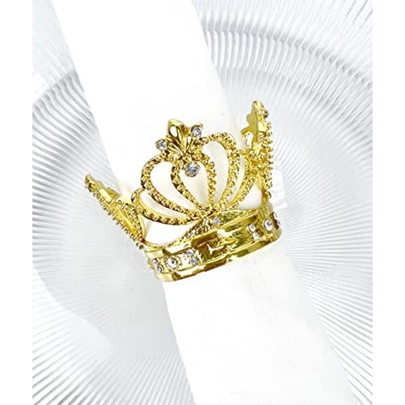 Fennco Styles Elegant Jeweled Crown Design Metal Napkin Rings, Set of 4 - Gold Rhinestone Napkin Holders for Home Décor, Dining Room, Wedding, Banquets and Special Occasions