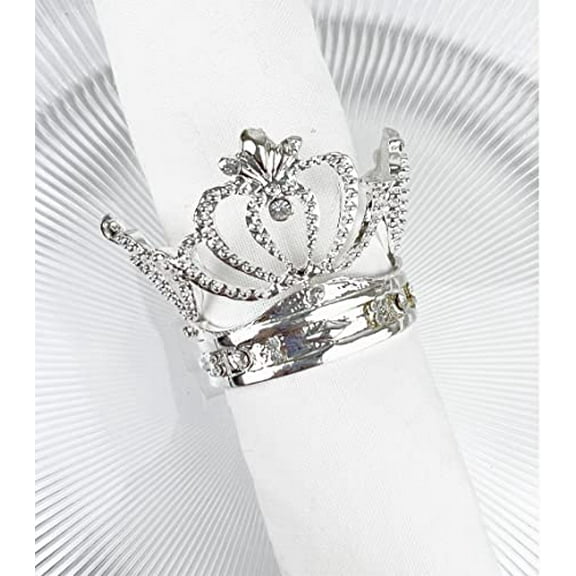 Fennco Styles Elegant Jeweled Crown Design Metal Napkin Rings, Set of 4 - Silver Rhinestone Napkin Holders for Home Décor, Dining Room, Wedding, Banquets and Special Occasions