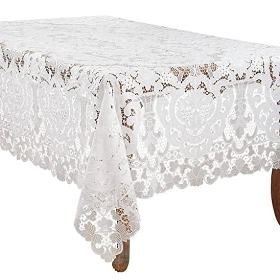 Fennco Styles Elegant Lace Floral Design Tablecloth 67 x 155 Inch - White Table Cover for Everyday Use, Banquets, Wedding and Special Occasion