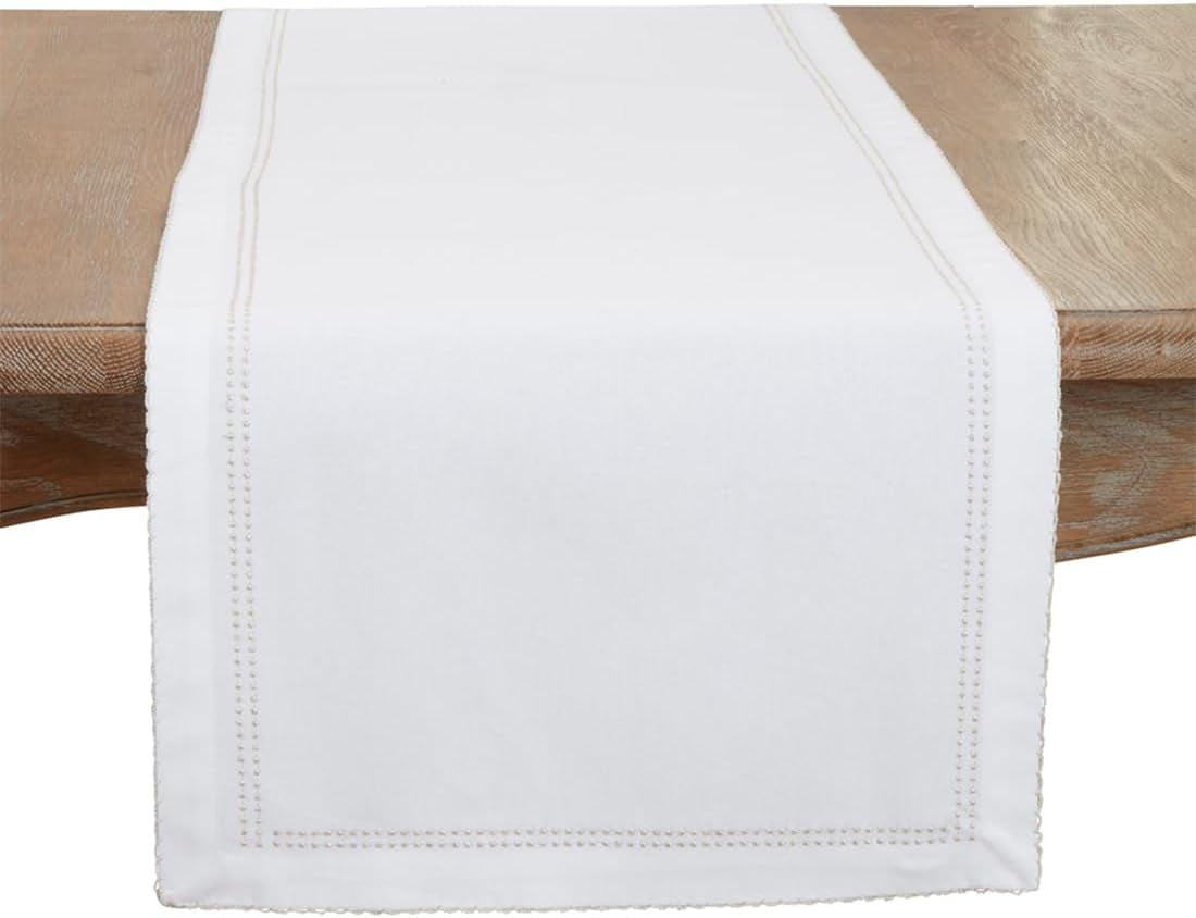 Elegant White Cotton and Polyester Embroidered Table Runner 16" x 72"