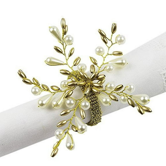 Fennco Styles Elegant Pearl Collection Wedding Special Event Table Napkin Rings - Set of 4 (Gold Pearl Flower)