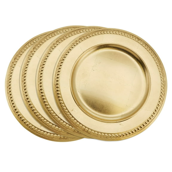 Fennco Styles Embossed Bead Border Shelby Design 14" Decorative Charger Plate-Set of 4 (Gold)