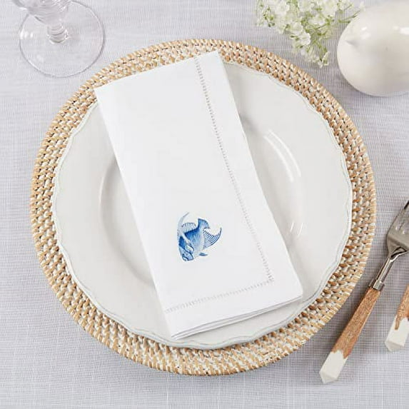 Fennco Styles Embroidered Blue Fish with Hemstitch Design Cloth Napkins 20" W x 20" L, Set of 4 - White Dinner Napkins for Dining Table, Family Gatherings, Banquets & Home Décor