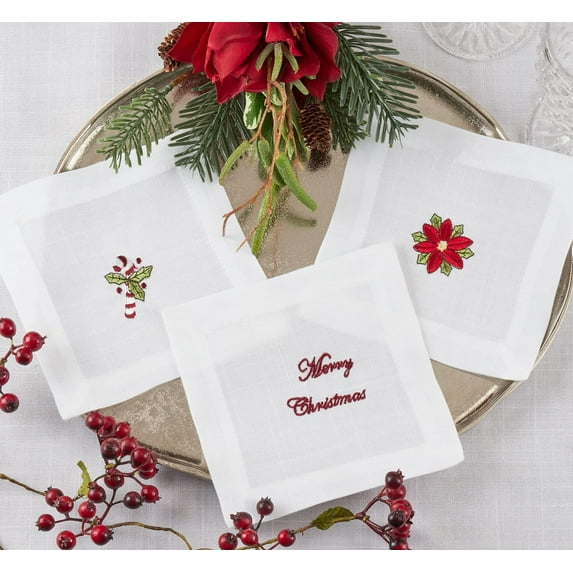Fennco Styles Embroidered Candy Cane Christmas Cocktail Napkins 6" W x 6" L, Set of 4 - White Cloth Coasters for Dining Table, Family Gatherings, Holidays, Banquets & Home Décor