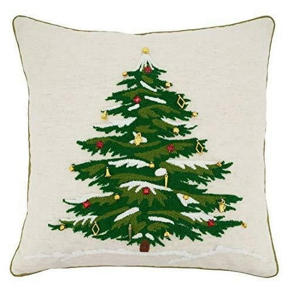 Fennco Styles Embroidered Christmas Tree 100% Cotton Decorative Throw Pillow 18" W x 18" L – Natural Holiday Cushion for Christmas, Home, Couch, Bedroom, Living Room and Office