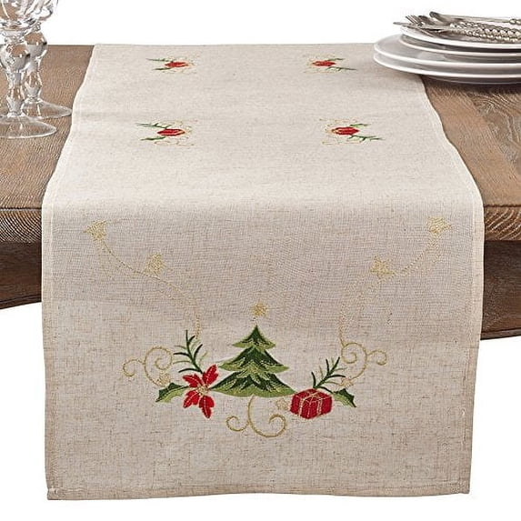 Fennco Styles Embroidered Christmas Tree Design Holiday Linen Blend Table Runner 16" W x 72" L