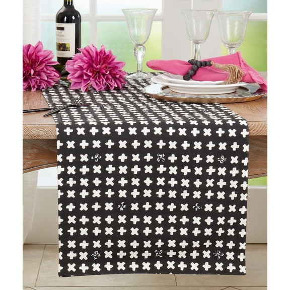 Fennco Styles Embroidered Crossses Design Cotton Table Runner 16" W x 72" L - Black Textured Woven Table Cover for Everyday Use, Dining Room, Banquets, Family Gatherings, Holidays and Home Dcor