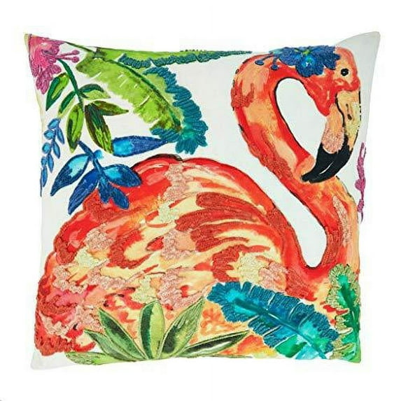 Fennco Styles Embroidered Flamingo Cotton Decorative Throw Pillow Cover &amp; Insert 20" W x 20" L - Multicolored Cushion for Home, Couch, Living Room, Bedroom and Office Décor