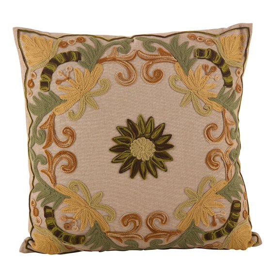 Fennco Styles Embroidered Floral Cotton Filled Decorative Throw Pillow, 18"Wx18"L (Green)