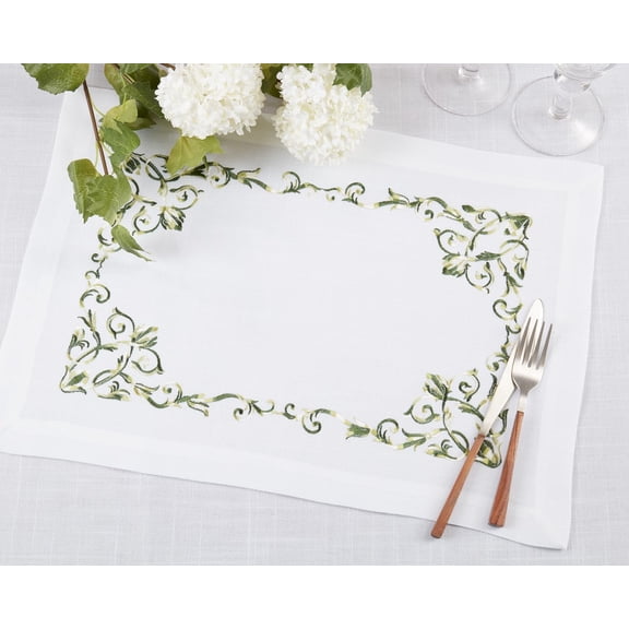 Fennco Styles Embroidered Floral Scroll Placemats 14" W x 20" L, Set of 4 - Green Botanical Design Table Mats for Home, Holiday Dcor, Family Gatherings, Banquets, Special Events