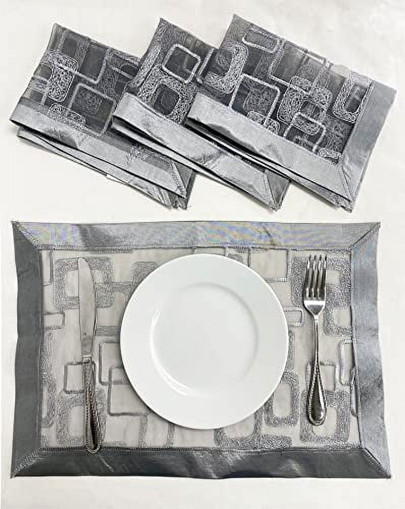 Fennco Styles Embroidered Geometric Sheer Placemats 13" W x 19" L, Set of 4 - Silver Table Mats for Home, Dining Room, Banquets, Christmas and Special Events