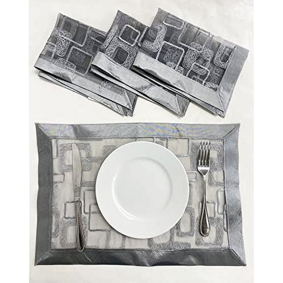 Fennco Styles Embroidered Geometric Sheer Placemats 13" W x 19" L, Set of 4 - Silver Table Mats for Home, Dining Room, Banquets, Christmas and Special Events