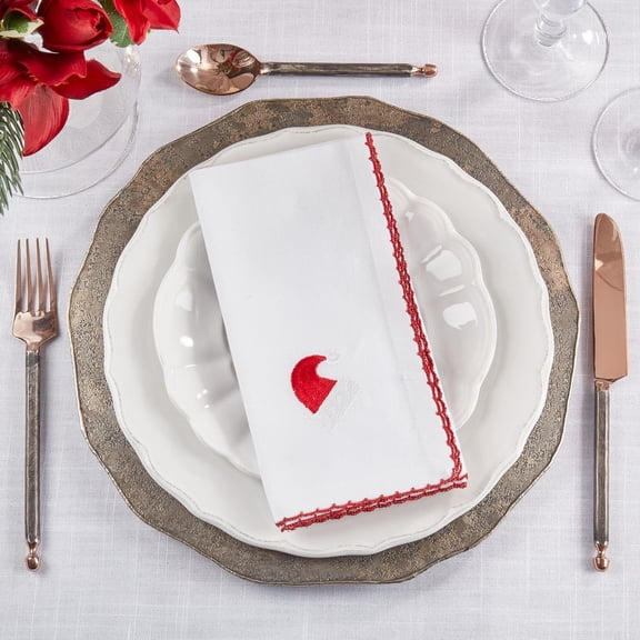 Fennco Styles Embroidered Holiday Santa Hat Whip Stitch Cloth Napkins 18" W x 18" L, Set of 4 - White Cotton Dinner Napkins for Winter Festivals, Christmas, Banquets, and Special Events