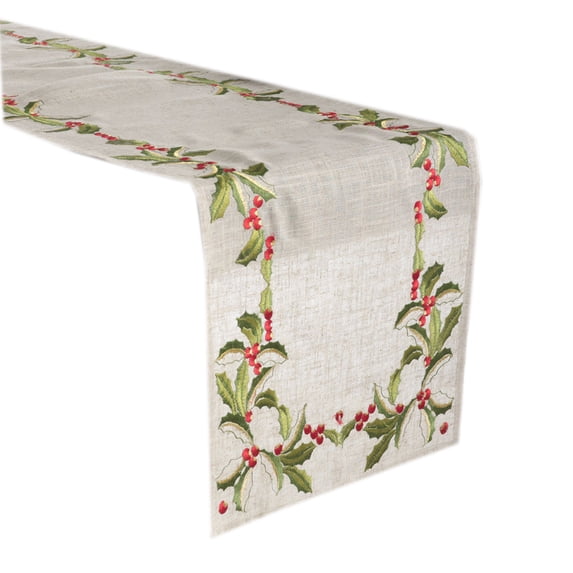 Fennco Styles Embroidered Holly Design Christmas Linen Blend Table Runner 16 x 90 Inch