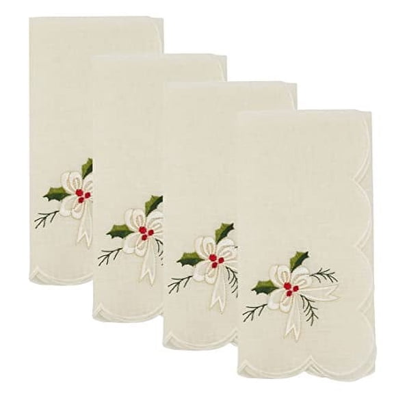 Fennco Styles Embroidered Holly & Ribbon Design Holiday Cloth Napkins 20" W x 20" L, Set of 4 - White Dinner Napkins for Christmas, Winter Holidays, Home Décor, Family Gathering, Special Occasion
