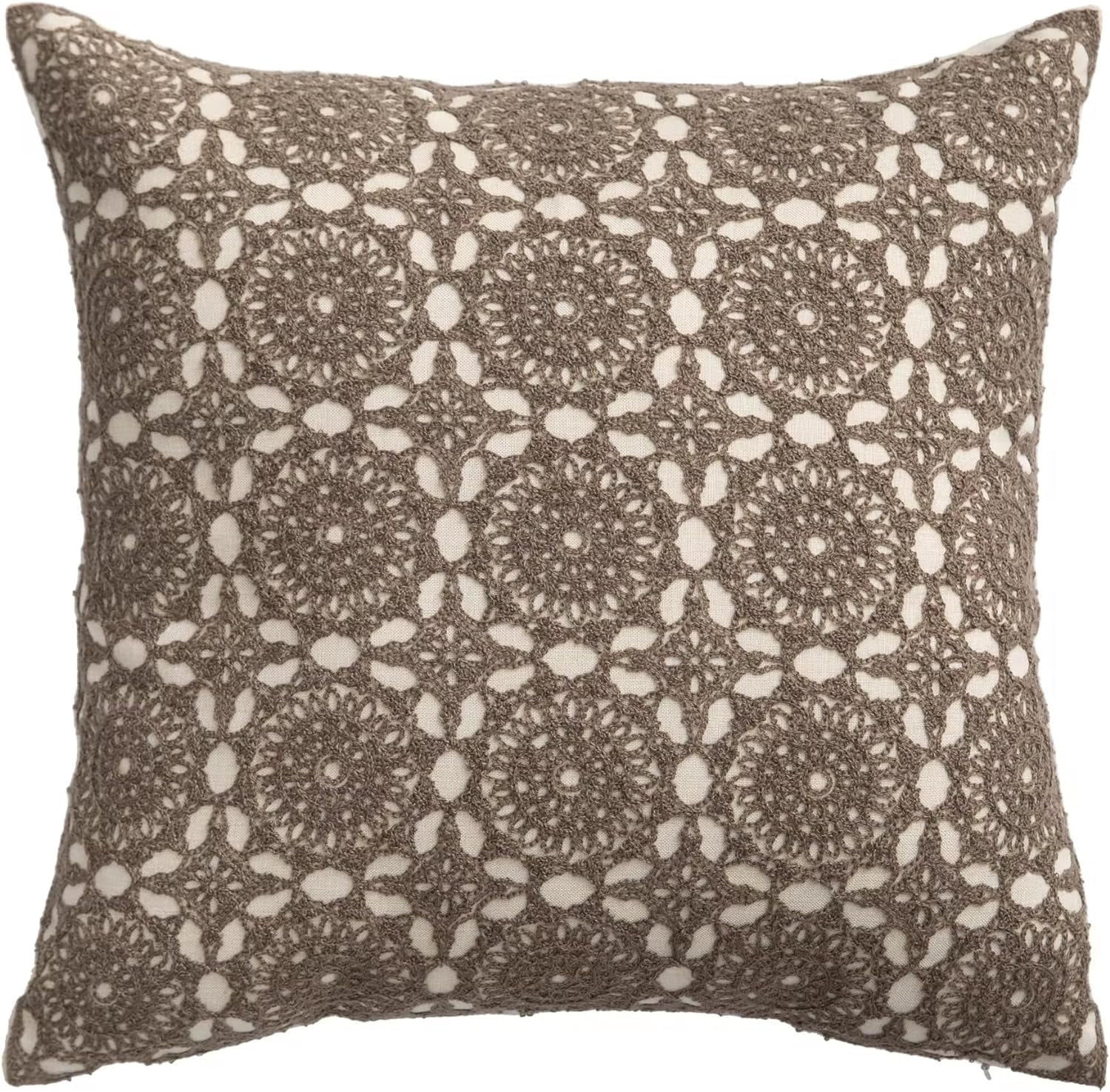 Fennco Styles Embroidered Lace Floral Decorative Throw Pillow Cover 18" W X 18" L – Brown Kaleidoscope Cushion Case for Couch, Sofa, Bedroom, Office and Living Room Décor