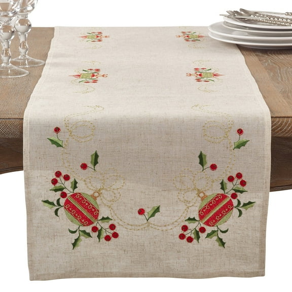 Fennco Styles Embroidered Ornament Design Christmas Holiday Linen Blend Tablecloth