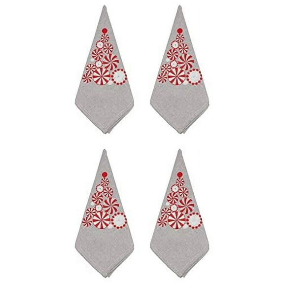 Fennco Styles Embroidered Peppermint Holiday Cloth Napkins 20" W x 20" L, Set of 4 - Silver Festive Dinner Napkins for Christmas, Family Gathering, Banquets and Special Events