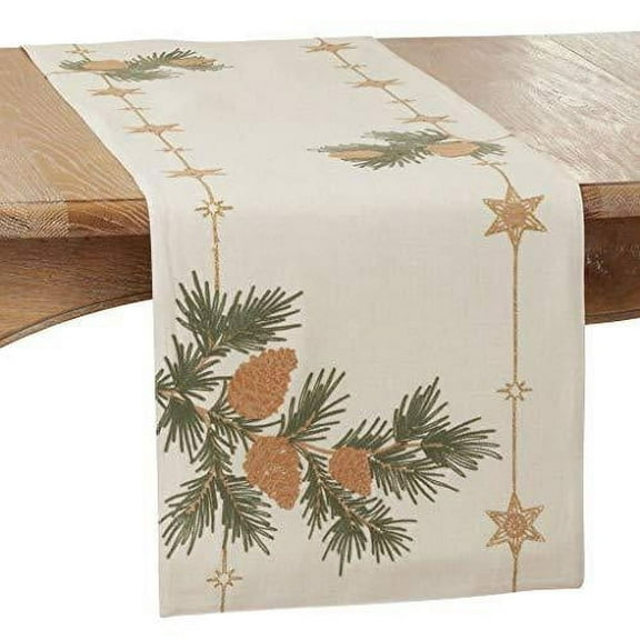 Fennco Styles Embroidered Pinecone Christmas Table Runner 16" W x 70" L - Festive Table Cover for Home Décor, Dining Table, Banquet, Family Gathering, Holiday and Special Occasi