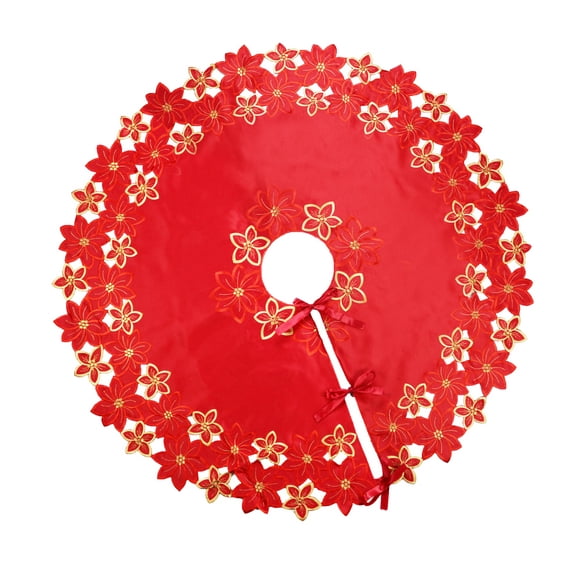 Fennco Styles Embroidered Poinsettia Cutwork Christmas Tree Skirt 52 Inch Round - Red Floral Tree Skirt for Home, Holiday Decoration and Special Occasion
