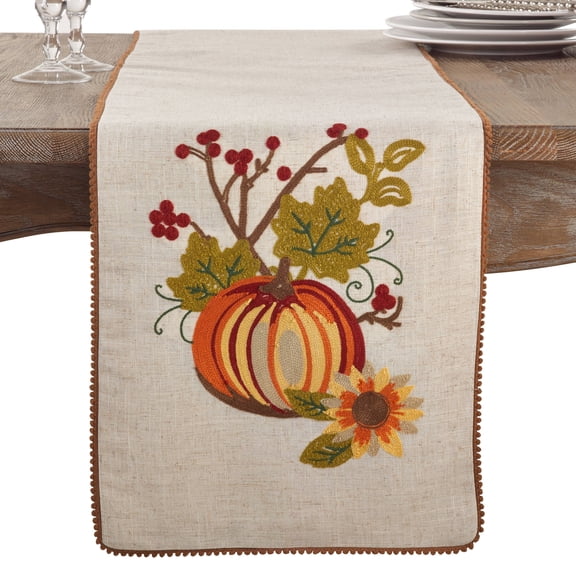 Fennco Styles Embroidered Pumpkin Floral Holiday Thanksgiving Table Runner (Pumpkin Floral)