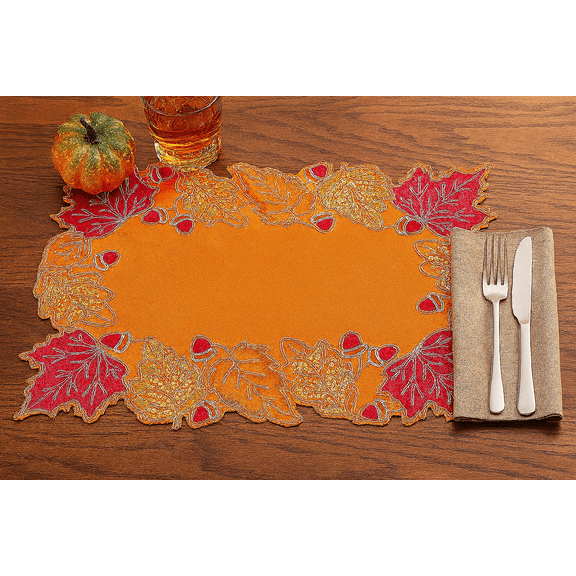 Fennco Styles Embroidered Sequin Autumn Leaves Placemats 14" W X 20" L, Set of 4 - Terracotta Harvest Foliage Table Mats for Thanksgiving, Holiday, Banquets, Special Occasion
