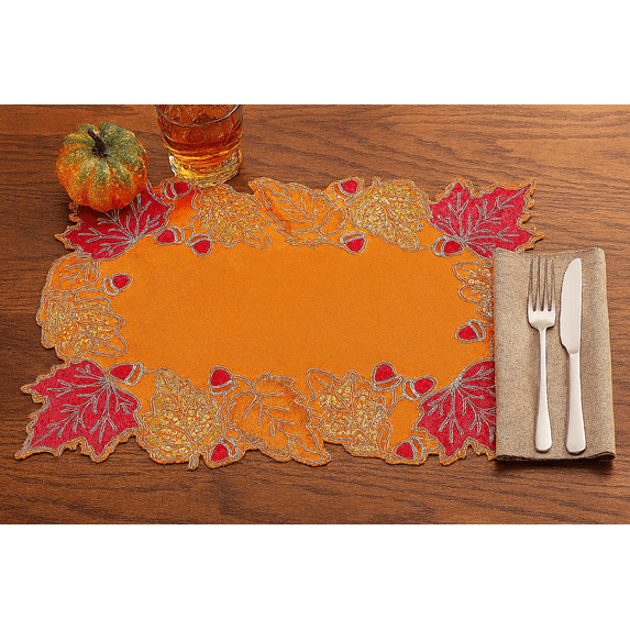 Fennco Styles Embroidered Sequin Autumn Leaves Placemats 14" W X 20" L, Set of 4 - Terracotta Harvest Foliage Table Mats for Thanksgiving, Holiday, Banquets, Special Occasion