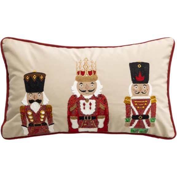 Fennco Styles Embroidered Sequin Nutcracker Velvet Filled Throw Pillow 12" W x 20" L - White Festive Cushion for Home, Christmas, Winter Holidays Décor, and Special Occasions