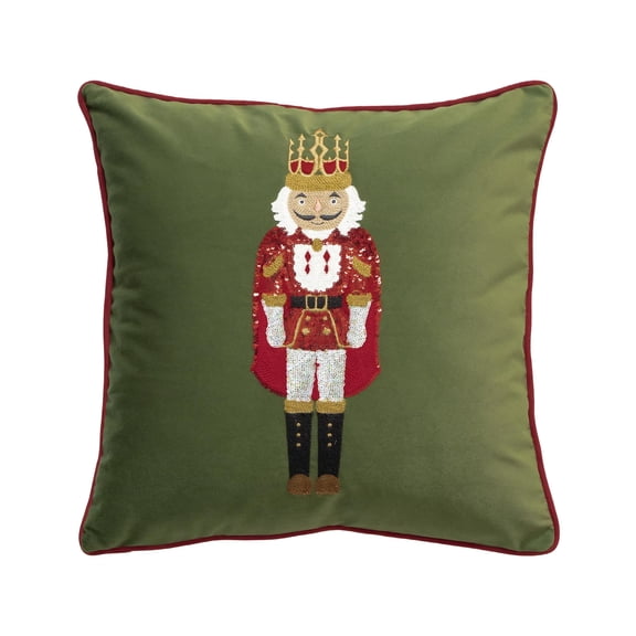 Fennco Styles Embroidered Sequin Nutcracker Velvet Filled Throw Pillow 18" W x 18" L - Green Festive Cushion for Home, Christmas, Winter Holidays Décor, and Special Occasions