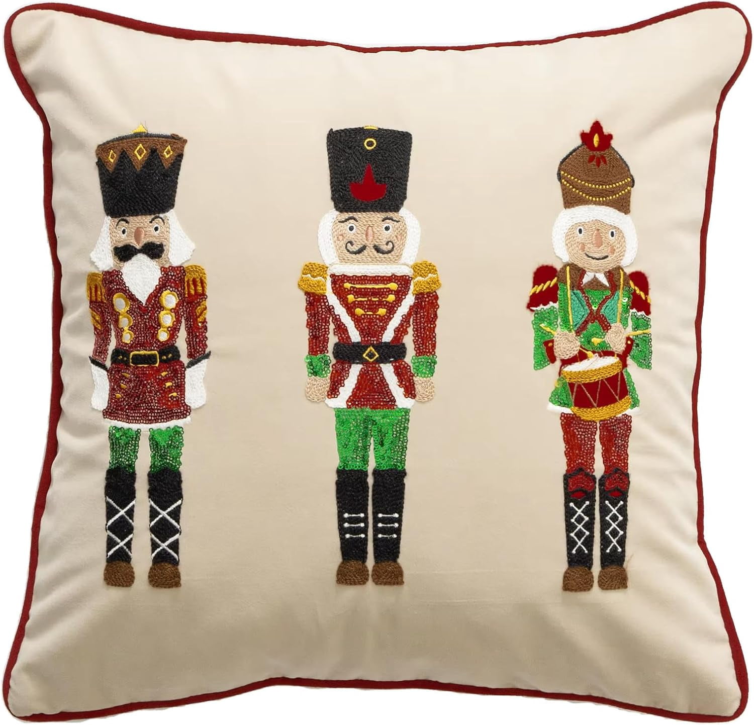Fennco Styles Embroidered Sequin Nutcracker Velvet Filled Throw Pillow 18" W x 18" L - White Festive Cushion for Home, Christmas, Winter Holidays Décor, and Special Occasions