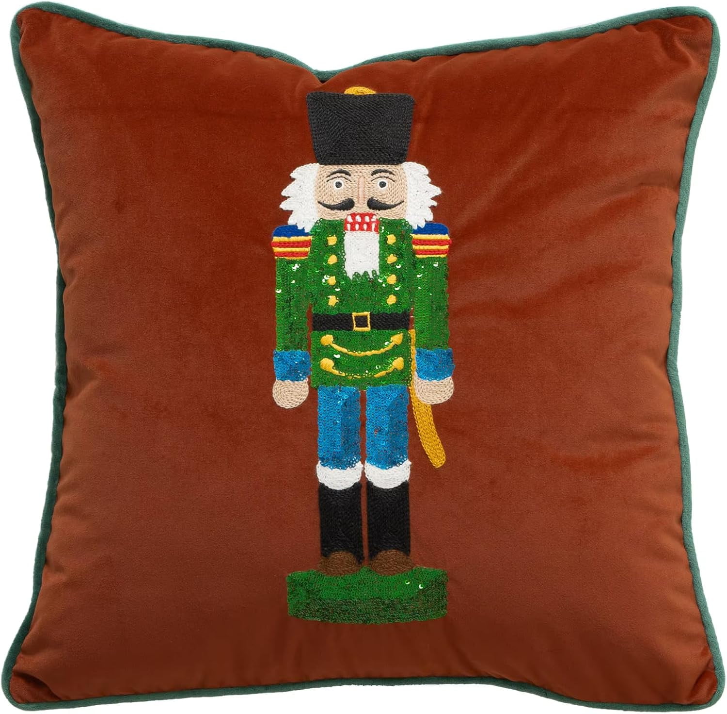 Fennco Styles Embroidered Sequin Nutcracker Velvet Throw Pillow Cover 18" W x 18" L - Brown Festive Cushion Case for Home, Christmas, Winter Holidays Décor, and Special Occasions
