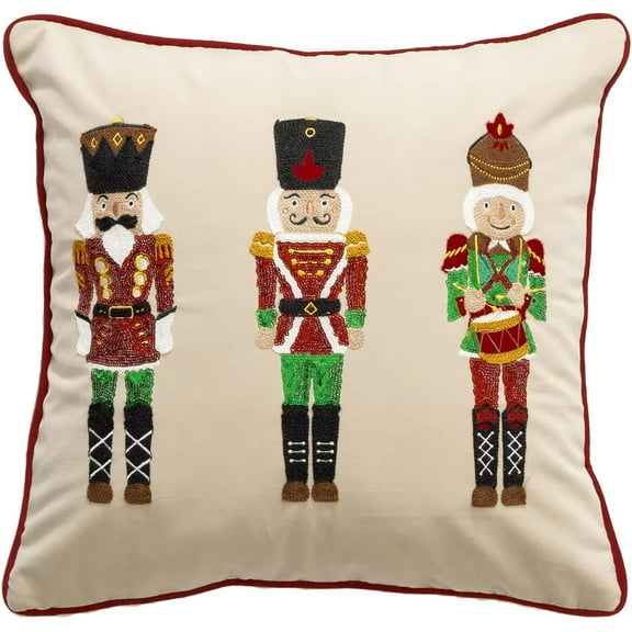 Fennco Styles Embroidered Sequin Nutcracker Velvet Throw Pillow Cover 18" W x 18" L - White Festive Cushion Case for Home, Christmas, Winter Holidays Décor, and Special Occasions