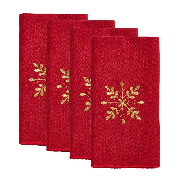 Fennco Styles Embroidered Snowflake Christmas Cotton Cloth Napkins 20 x 20 inch, Set of 4 - Red Dinner Napkin for Holiday Décor, Banquets, Family