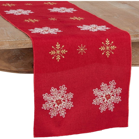 Fennco Styles Embroidered Snowflake Christmas Table Runner 16 x 72 Inch - Red Table Cover for Holiday Décor, Family Gathering, Special Events and Everyday Use