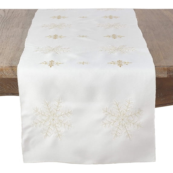 Fennco Styles Embroidered Snowflake Christmas Table Runner 16 x 90 Inch - Ivory Table Cover for Holiday Décor, Family Gathering, Special Events and Everyday Use