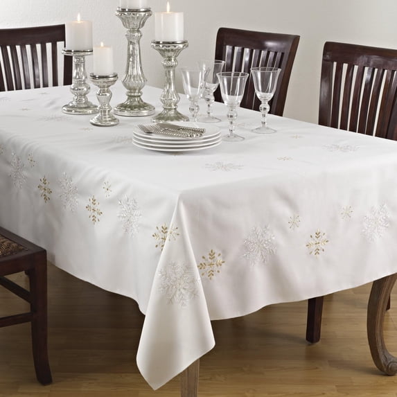 Fennco Styles Embroidered Snowflake Christmas Tablecloth 50 x 70 Inch - Ivory Table Cover for Holiday Décor, Family Gathering, Special Events and Everyday Use