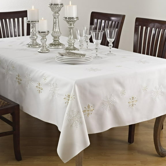 Fennco Styles Embroidered Snowflake Christmas Tablecloth 70 x 160 Inch - Ivory Table Cover for Holiday Décor, Family Gathering, Special Events and Everyday Use