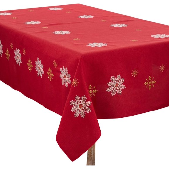 Fennco Styles Embroidered Snowflake Christmas Tablecloth 70 x 70 Inch - Red Table Cover for Holiday Décor, Family Gathering, Special Events and Everyday Use