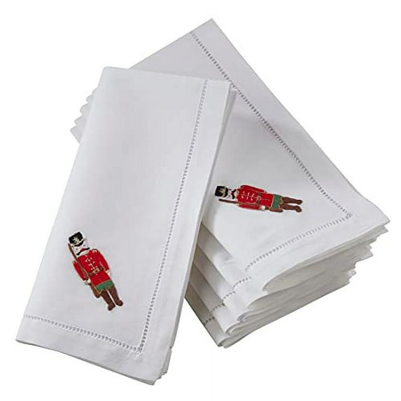 Fennco Styles Embroidered Soldier & Hemstitch Cotton Cloth Napkins 20" W x 20" L, Set of 4 - White Dinner Napkins for Home, Dining Table Décor, Family Gathering, Banquets and Special Events