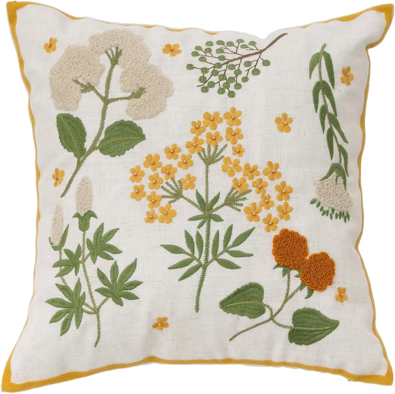 Fennco Styles Embroidered Spring Floral Decorative Filled Throw Pillow 18" W x 18" L - Yellow Flower Woven Cushion for Home, Couch, Living Room, Bedroom, Office and Holiday Décor