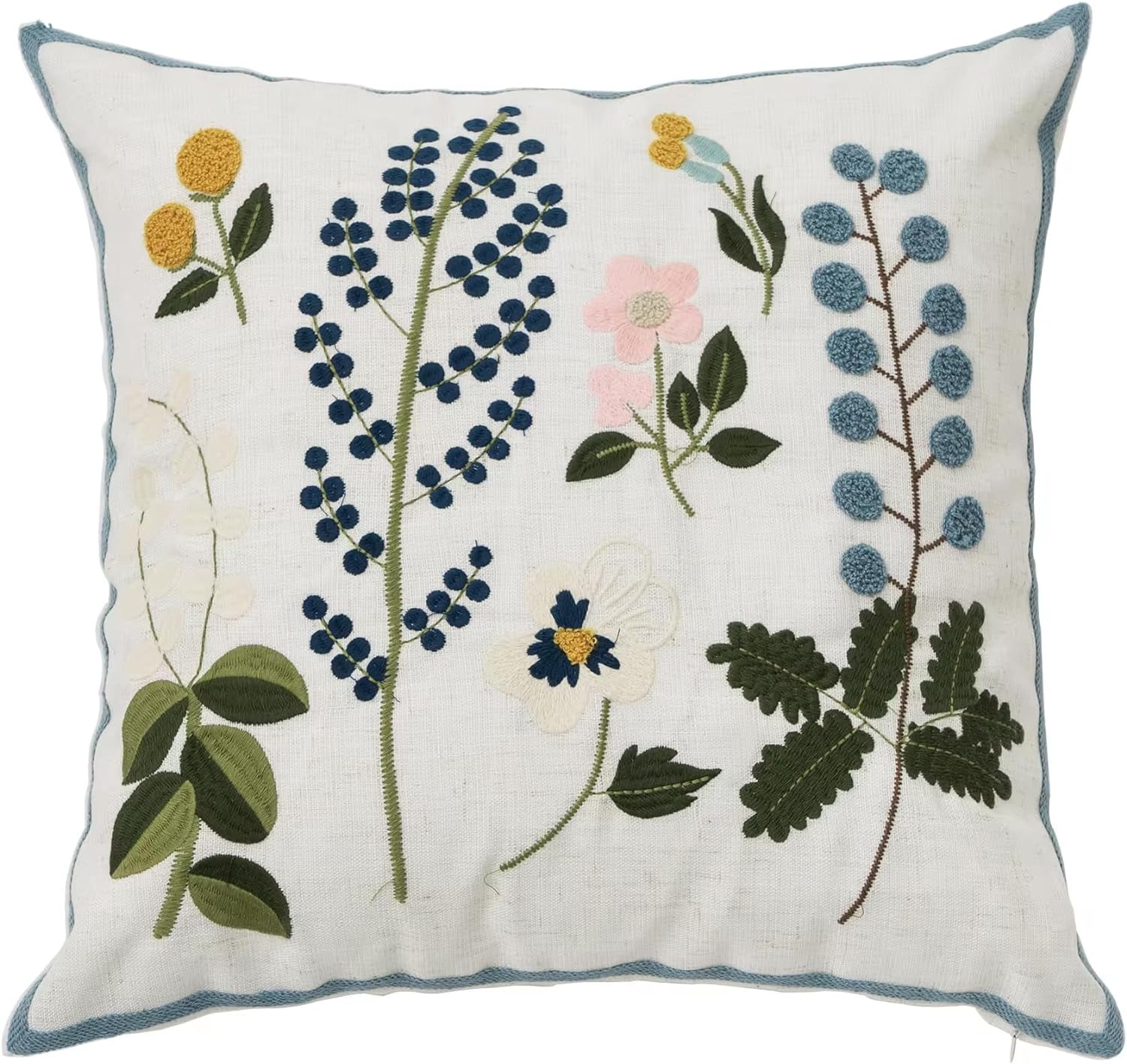 Fennco Styles Embroidered Spring Floral Decorative Throw Pillow Cover 18" W x 18" L - Green Leaves Woven Cushion Case for Home, Couch, Living Room, Bedroom, Office and Holiday Décor