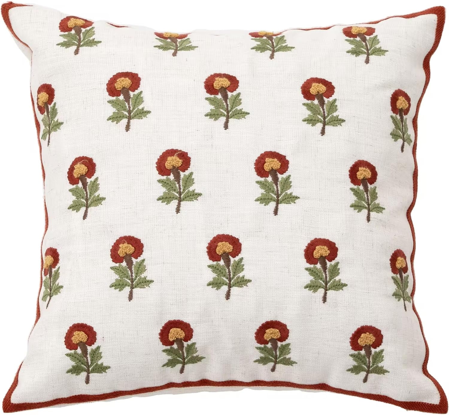 Fennco Styles Embroidered Spring Floral Decorative Throw Pillow Cover 18" W x 18" L - Red Flower Woven Cushion Case for Home, Couch, Living Room, Bedroom, Office and Holiday Décor
