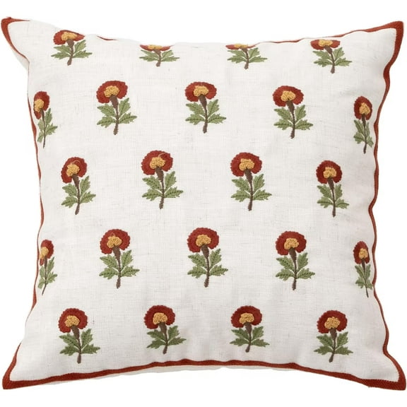 Fennco Styles Embroidered Spring Floral Decorative Throw Pillow Cover 18" W x 18" L - Red Flower Woven Cushion Case for Home, Couch, Living Room, Bedroom, Office and Holiday Décor
