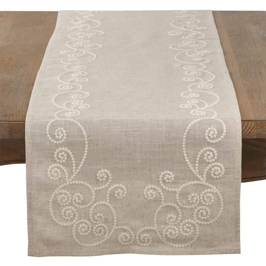 Natural Linen Blend Embroidered Swirl Table Runner 16"x108"