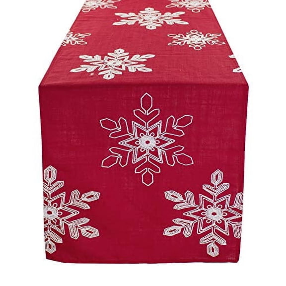 Fennco Styles Embroidered White Snowflake Christmas Table Runner 16 x 54 Inch - Red Table Cover for Holiday Décor, Dinner Party, Banquets and Special Occasion