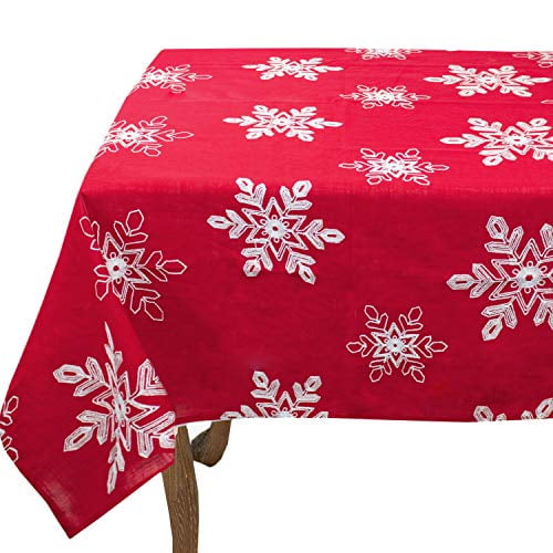 Fennco Styles Embroidered White Snowflake Christmas Tablecloth 60 x 60 Inch - Red Table Cover for Holiday Décor, Dinner Party, Banquets and Special Occasion