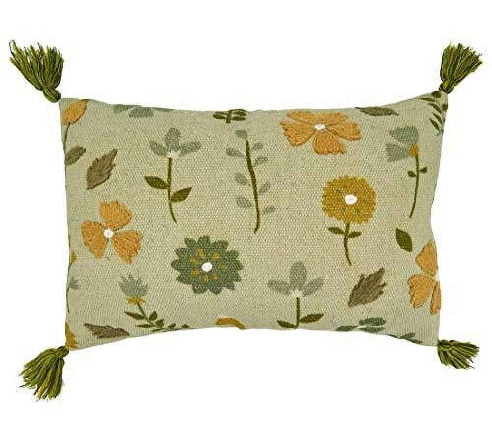 Green Embroidered Floral Cotton Throw Pillow with Tassels
